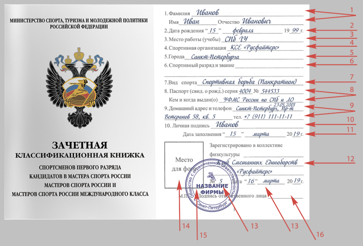 Классификационная книжка спортсмена 1 разряд КМС МС МСМК